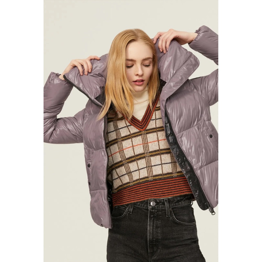 Save the Duck Isla Jacket Purple Glossy Puffer Funnel Neck Size 2 Medium